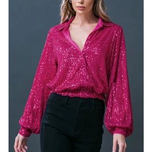 Hot Pink Sequin V-Neck Blouse